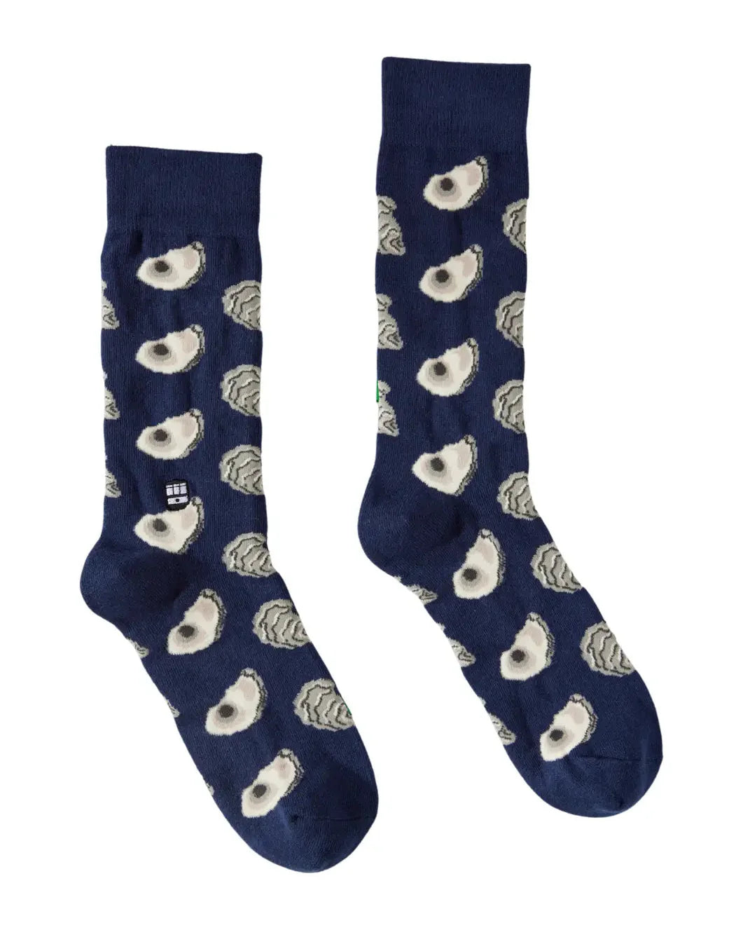 Navy socks with white owl pattern on a white background